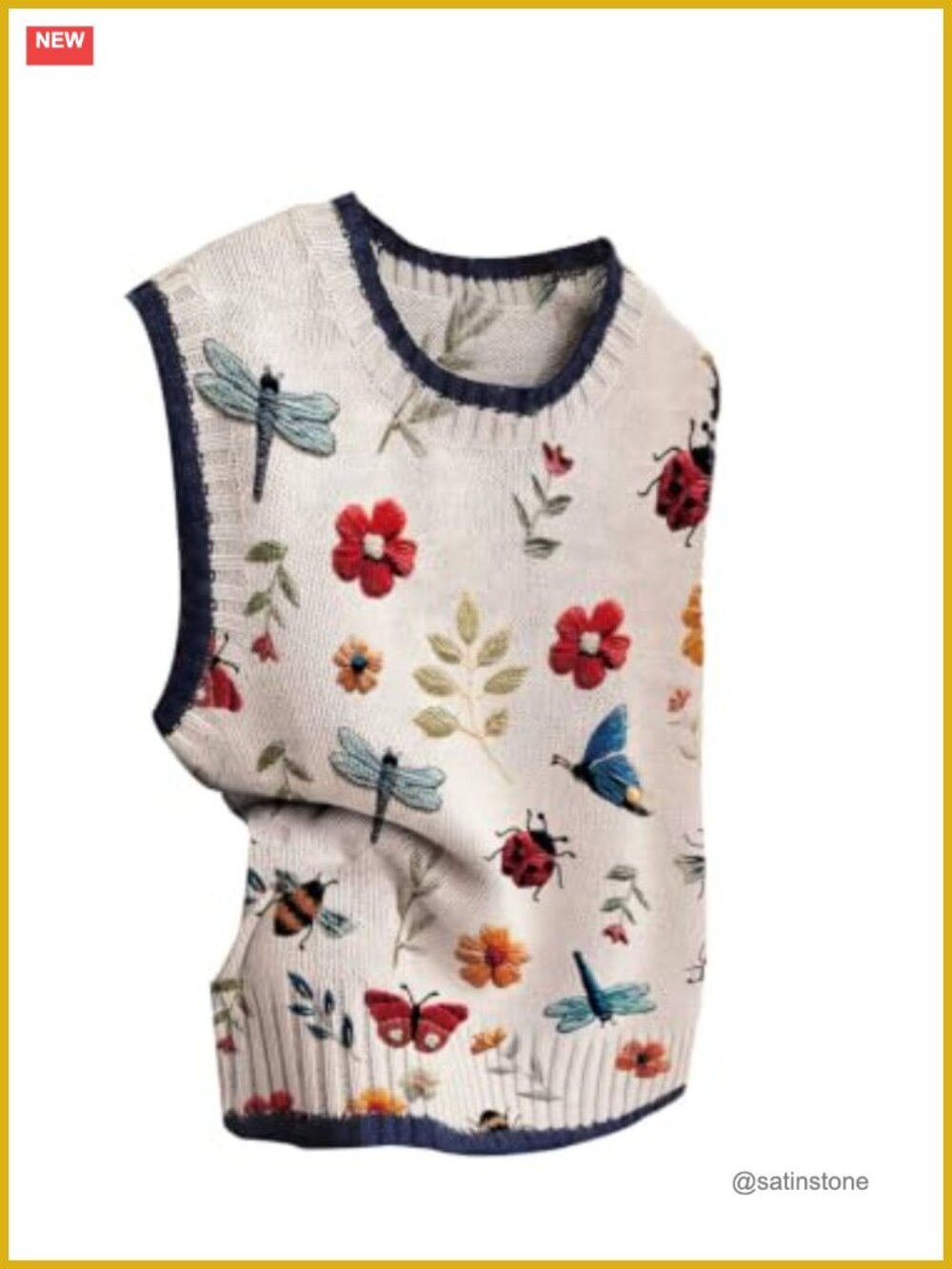 Sleeveless Knit Sweater Vest Butterfly Floral Print Crew Neck